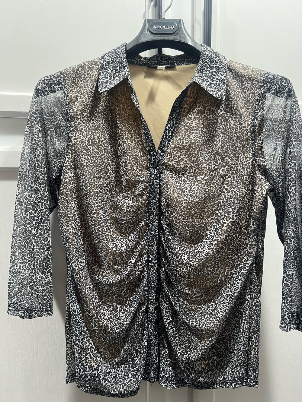 Cable & Gauge Sheer Leopard Print Button-Down Top in Black and Brown